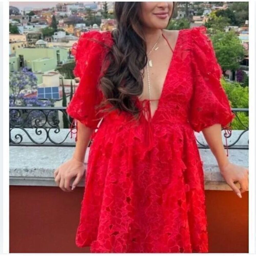 For Love and Lemons Leighton Red Lace Mini‎ Dress Puff Sleeves Boho Size Medium